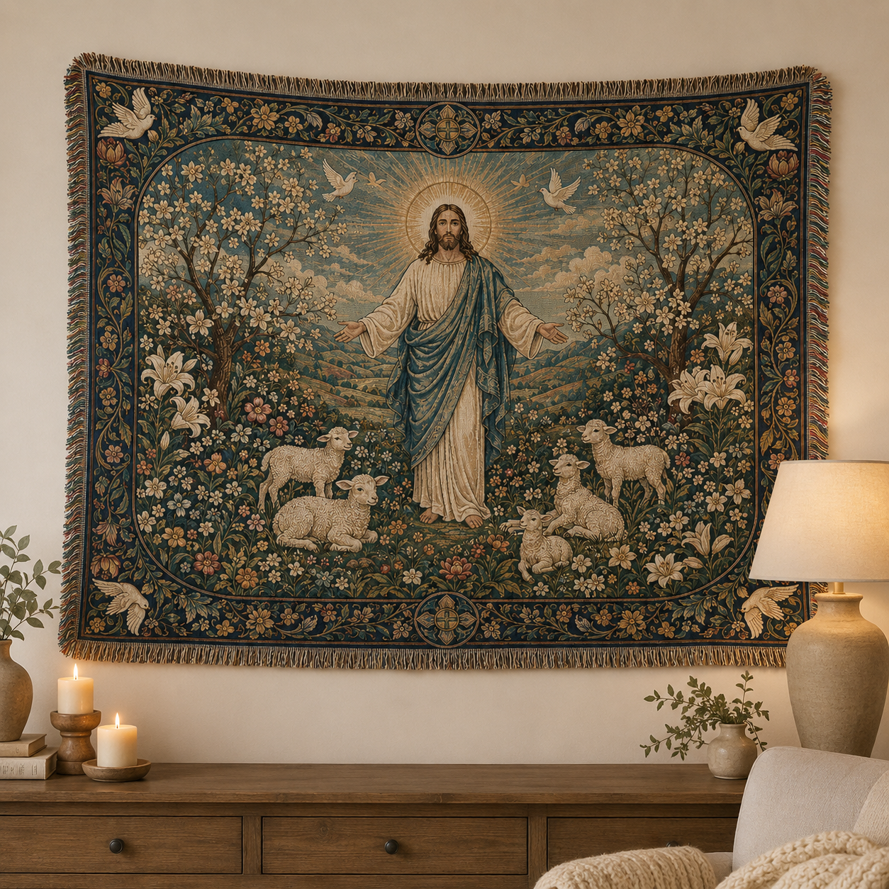 Jesus Good Shepherd woven blanket displayed as Christian wall tapestry decor