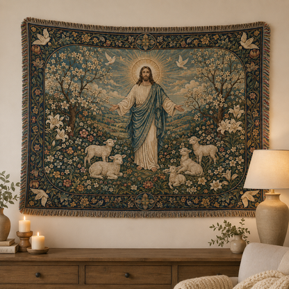 Jesus Good Shepherd woven blanket displayed as Christian wall tapestry decor