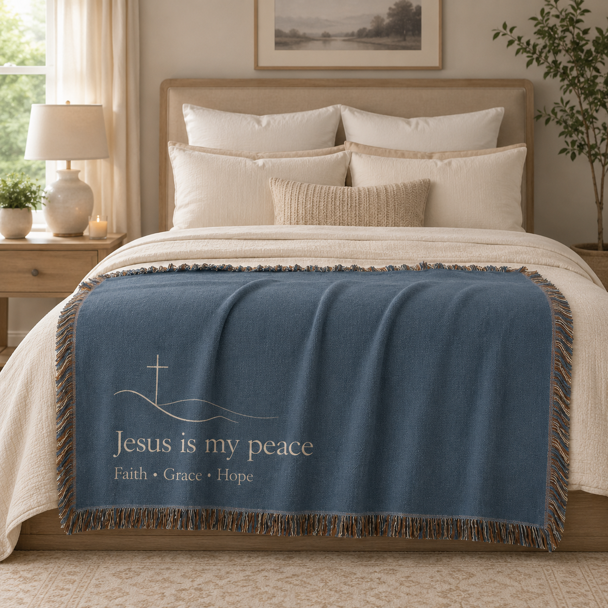 Jesus is my peace woven blanket styled across a serene neutral bedroom