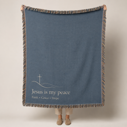 Jesus is my peace Christian woven blanket with cross design and multicolor fringe