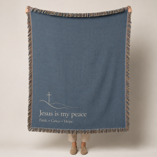 Jesus is my peace Christian woven blanket with cross design and multicolor fringe
