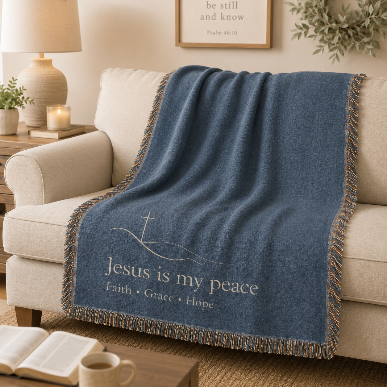 Jesus is my peace woven blanket softly draped over a neutral sofa