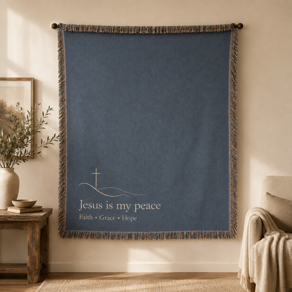 Jesus is my peace Christian woven blanket displayed as wall tapestry decor