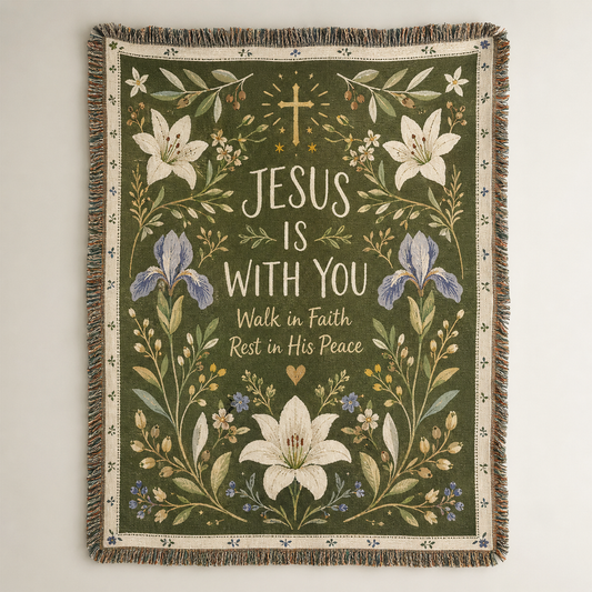 Jesus Is With You floral Christian woven blanket with cross, lilies and fringe