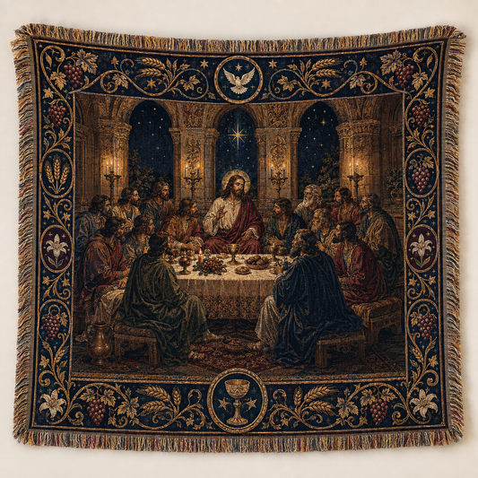 Jesus Last Supper woven blanket with ornate Christian tapestry border