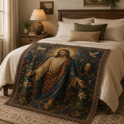 Jesus mosaic woven blanket styled across a warm neutral bedroom
