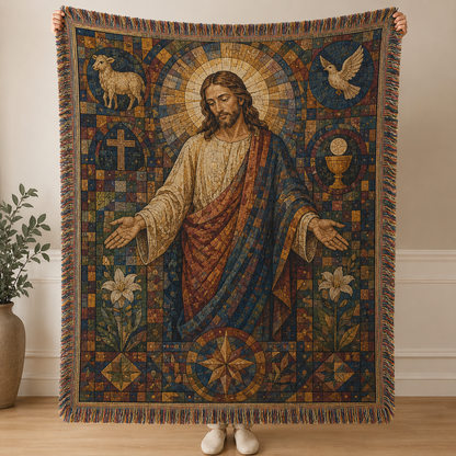 Jesus mosaic woven blanket with halo, lamb, dove, cross, lilies and multicolor fringe
