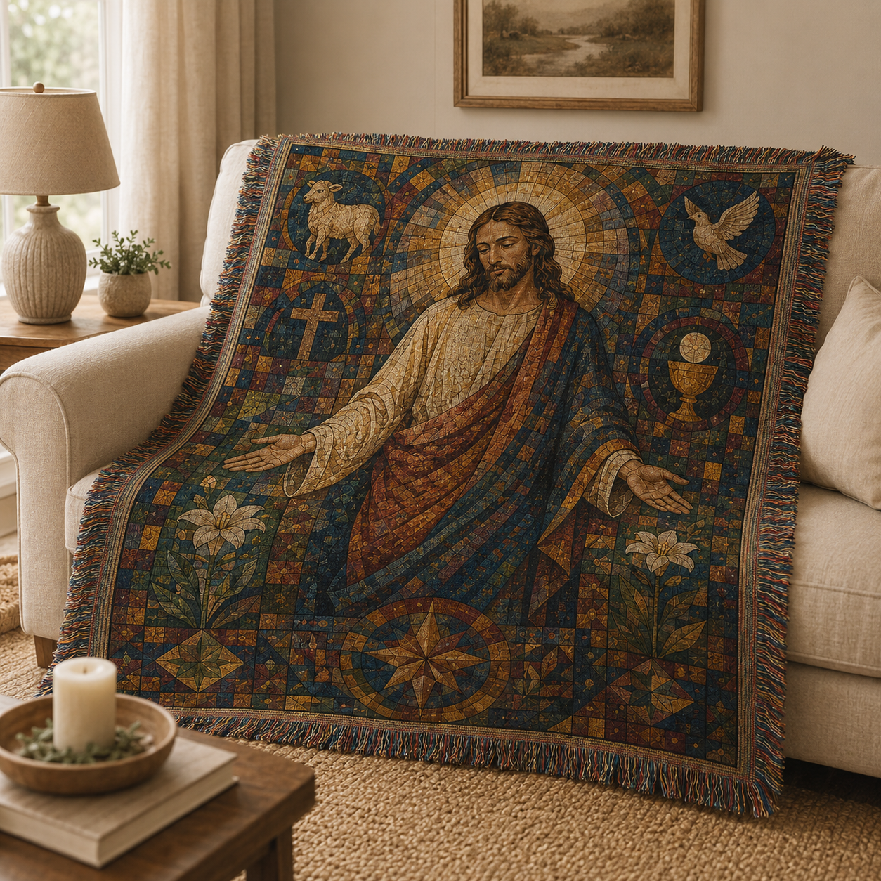 Jesus mosaic Christian woven blanket softly draped over a neutral sofa