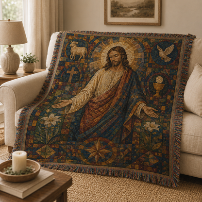 Jesus mosaic Christian woven blanket softly draped over a neutral sofa