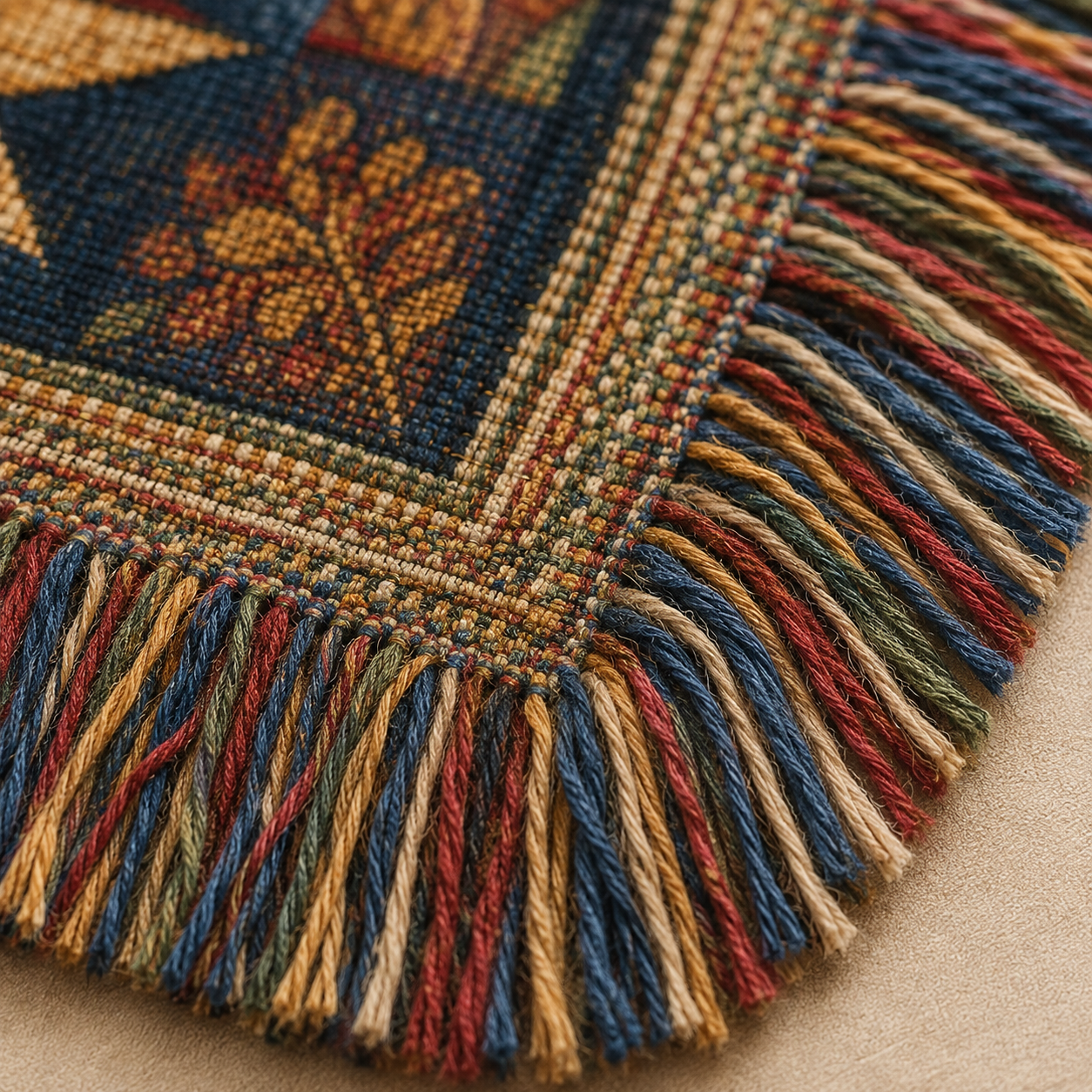 Macro close up of woven yarn texture and multicolor fringe on Jesus mosaic blanket