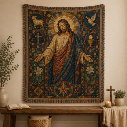Jesus mosaic woven blanket displayed as Christian wall tapestry decor