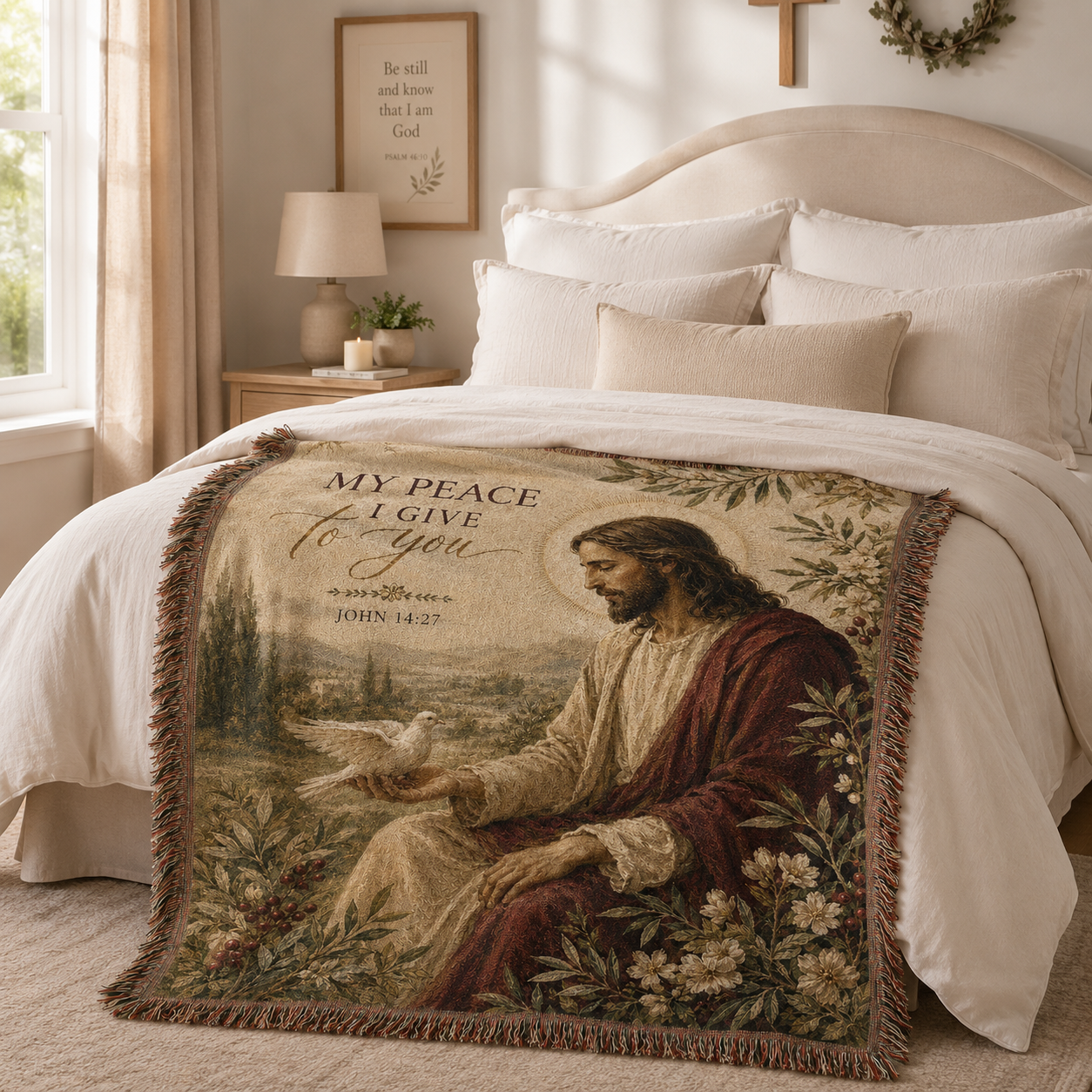 Christian Jesus John 14:27 woven blanket styled across the foot of a neutral bed