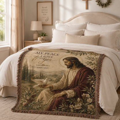 Christian Jesus John 14:27 woven blanket styled across the foot of a neutral bed