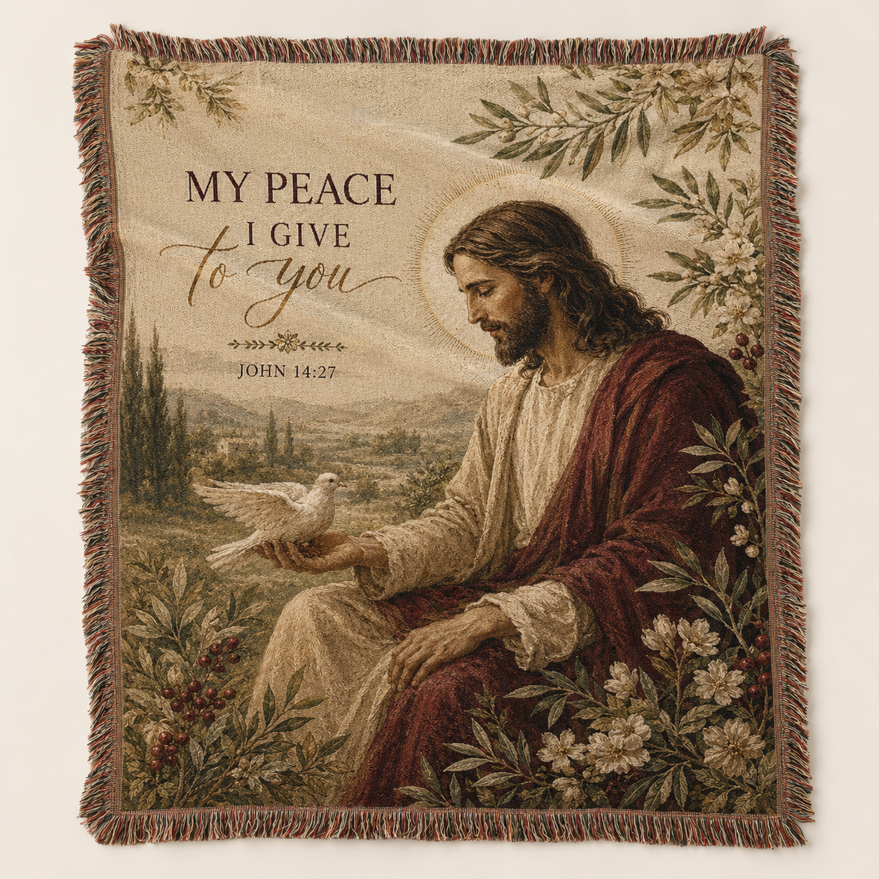 Jesus My Peace I Give to You John 14:27 Christian woven blanket with dove and floral artwork