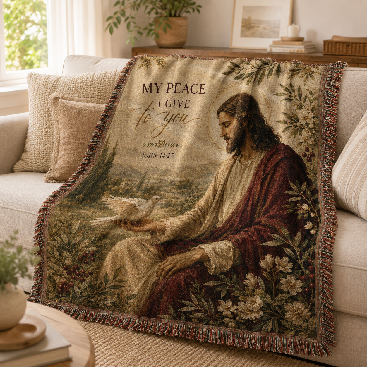 Jesus My Peace John 14:27 woven blanket softly draped over a neutral sofa