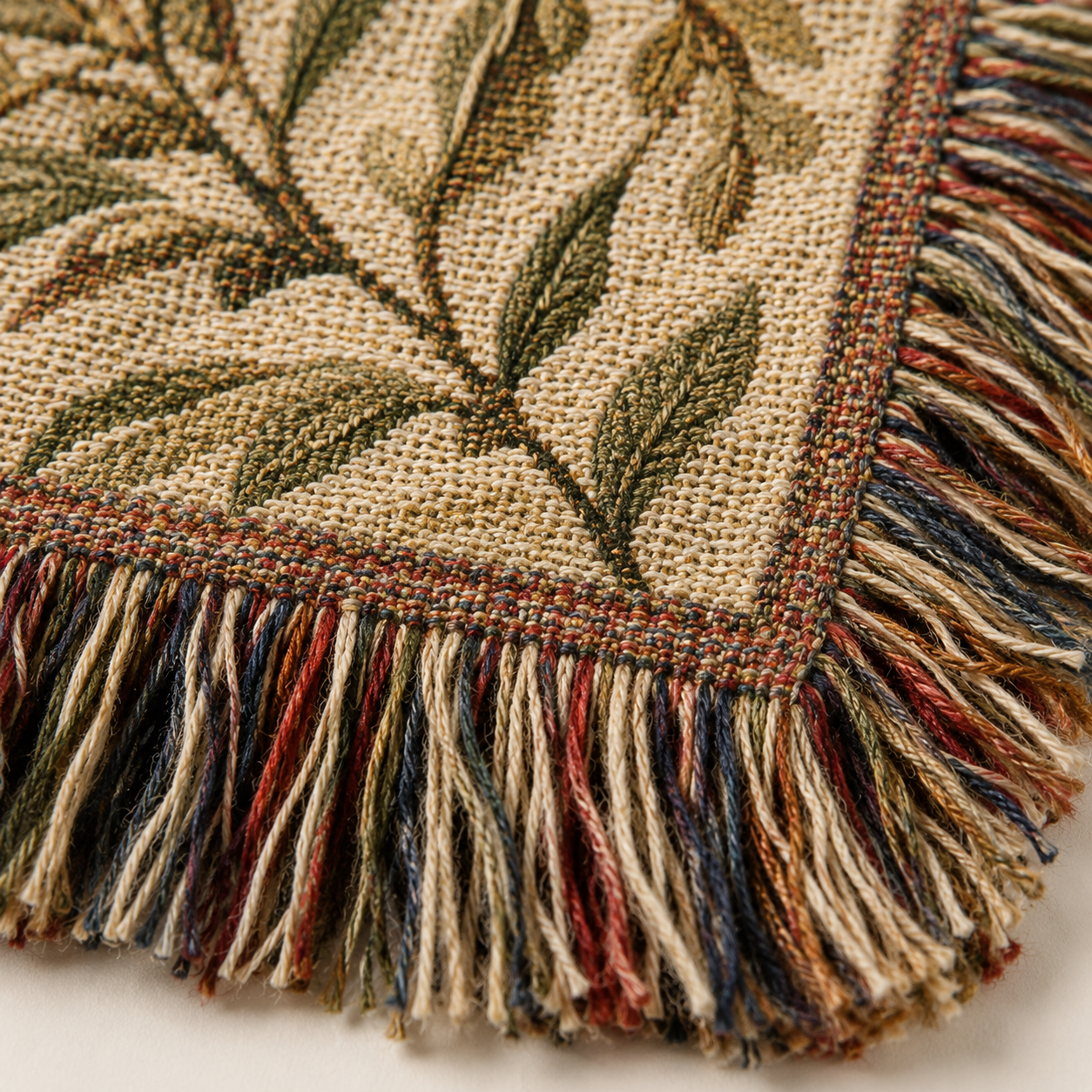 Close-up woven texture and multicolor fringe detail of Jesus Christian blanket