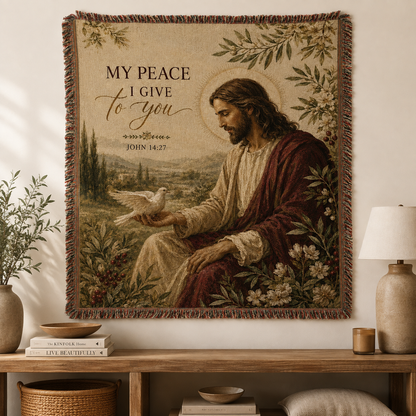 Jesus My Peace John 14:27 Christian woven blanket displayed as wall decor