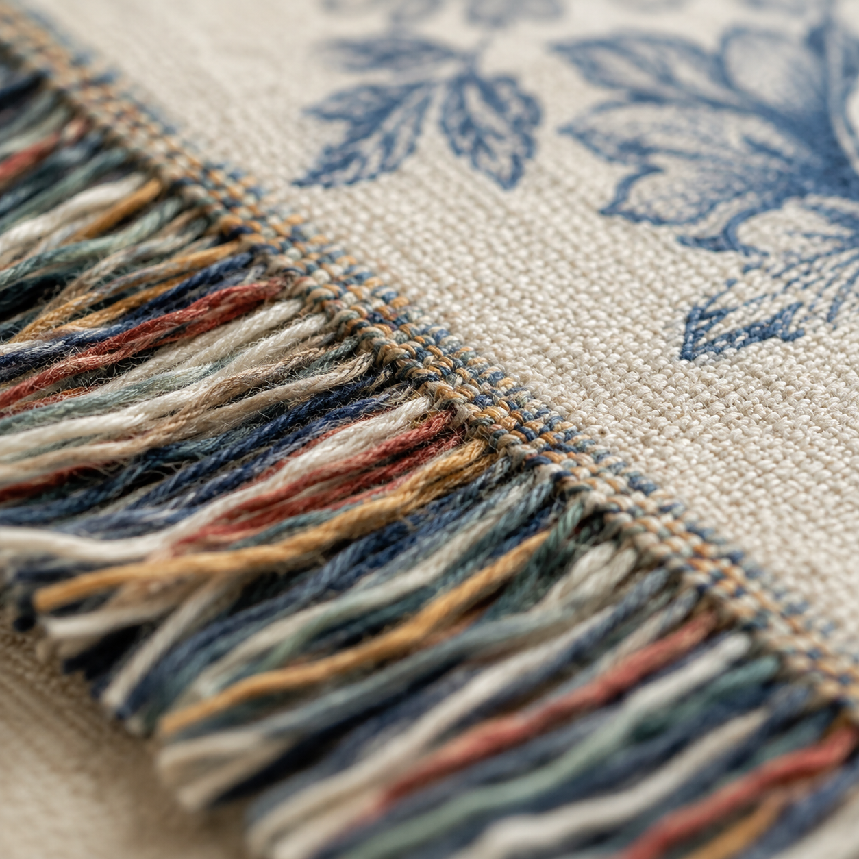 Macro close-up of woven yarn texture and multicolor fringe on Jesus Christian blanket