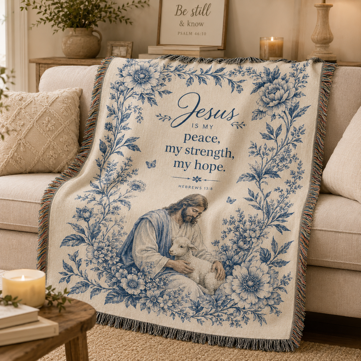 Jesus is my peace woven blanket softly draped over a neutral sofa