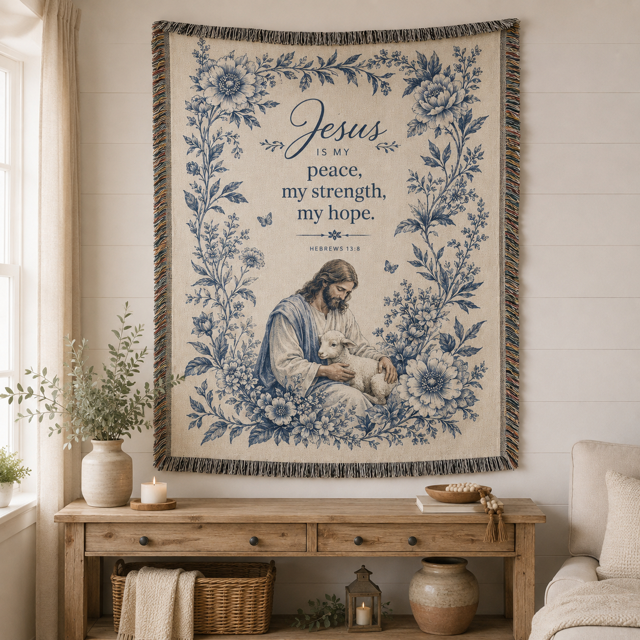 Jesus is my peace woven blanket displayed as Christian wall decor