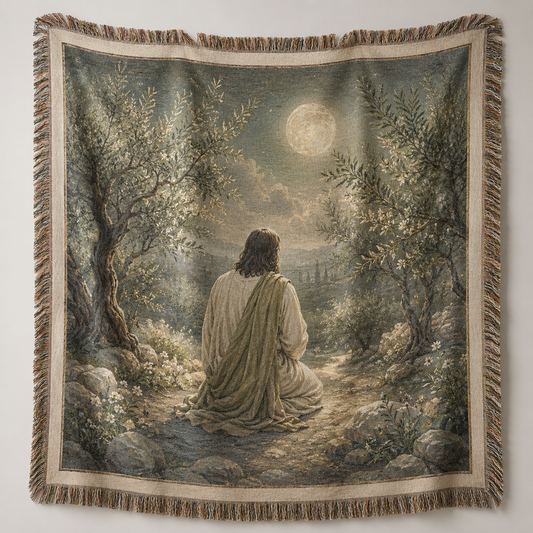 Jesus praying in a moonlit olive garden woven blanket with fringe