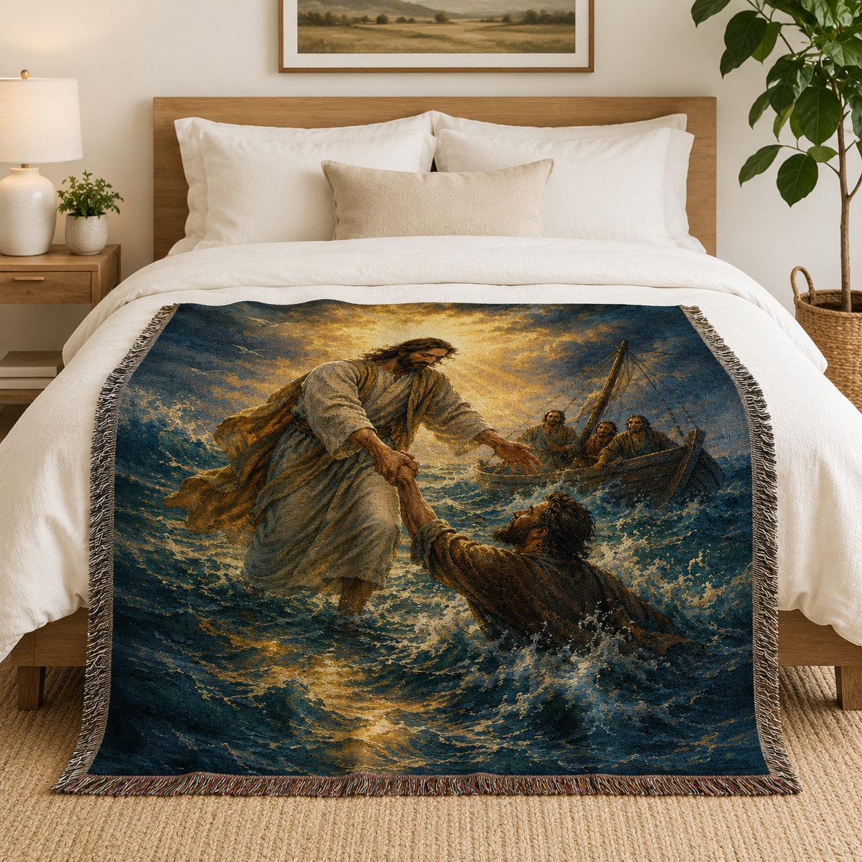 Jesus saves Peter woven blanket styled across a serene neutral bedroom