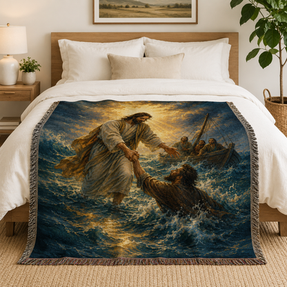 Jesus saves Peter woven blanket styled across a serene neutral bedroom