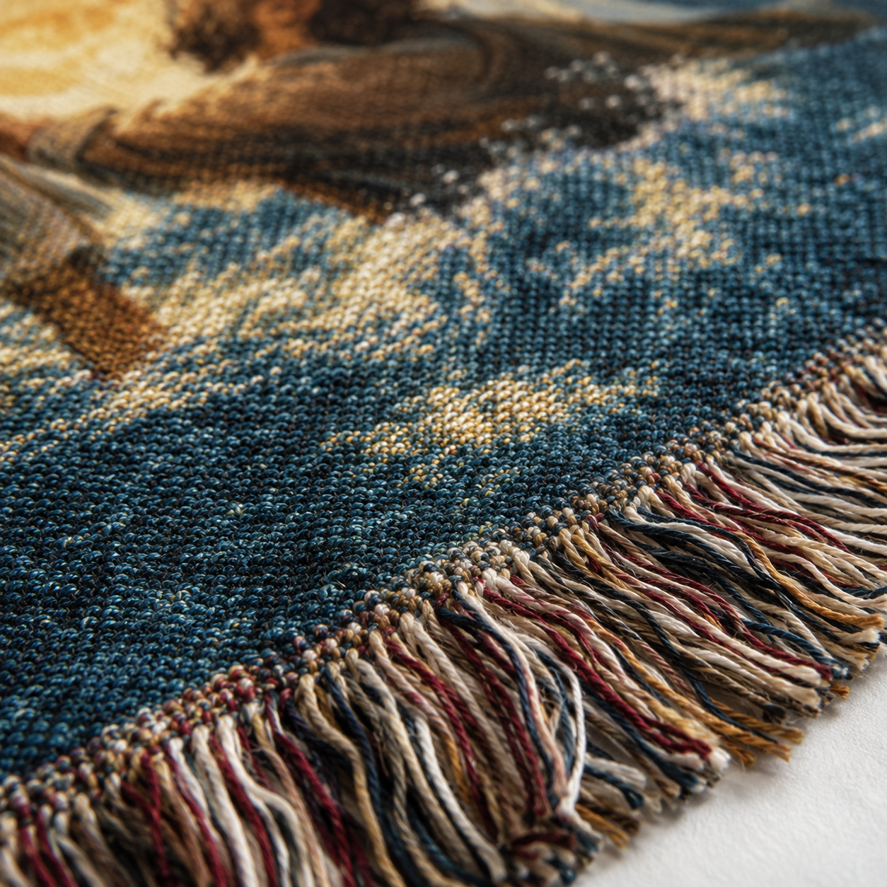 Macro close-up of blue gold woven yarn texture and multicolor fringe