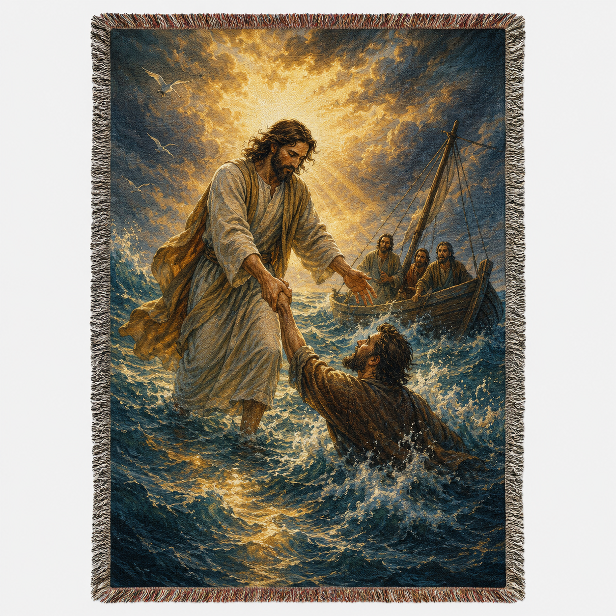 Jesus saves Peter woven blanket with stormy sea, golden light and fringe
