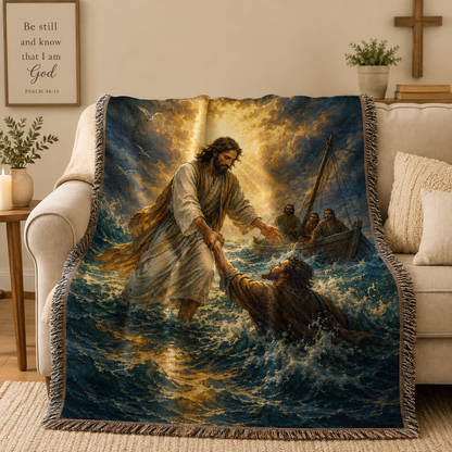 Jesus saves Peter Christian woven blanket softly draped over a neutral sofa