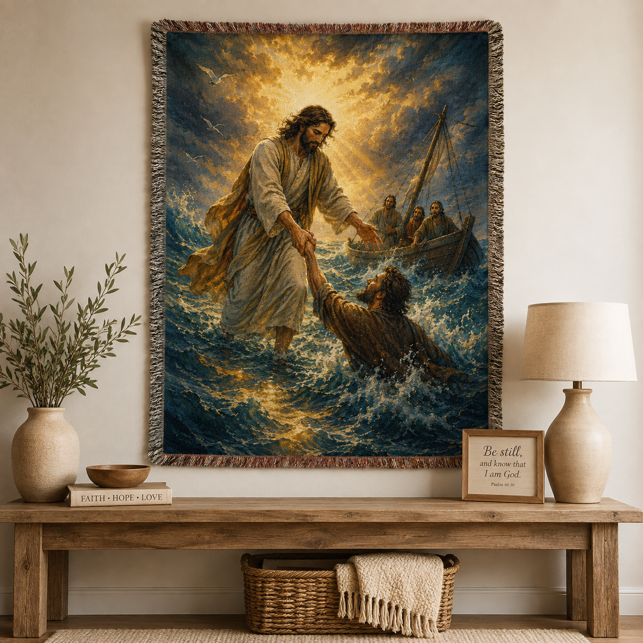 Jesus saves Peter Christian woven blanket displayed as wall tapestry decor