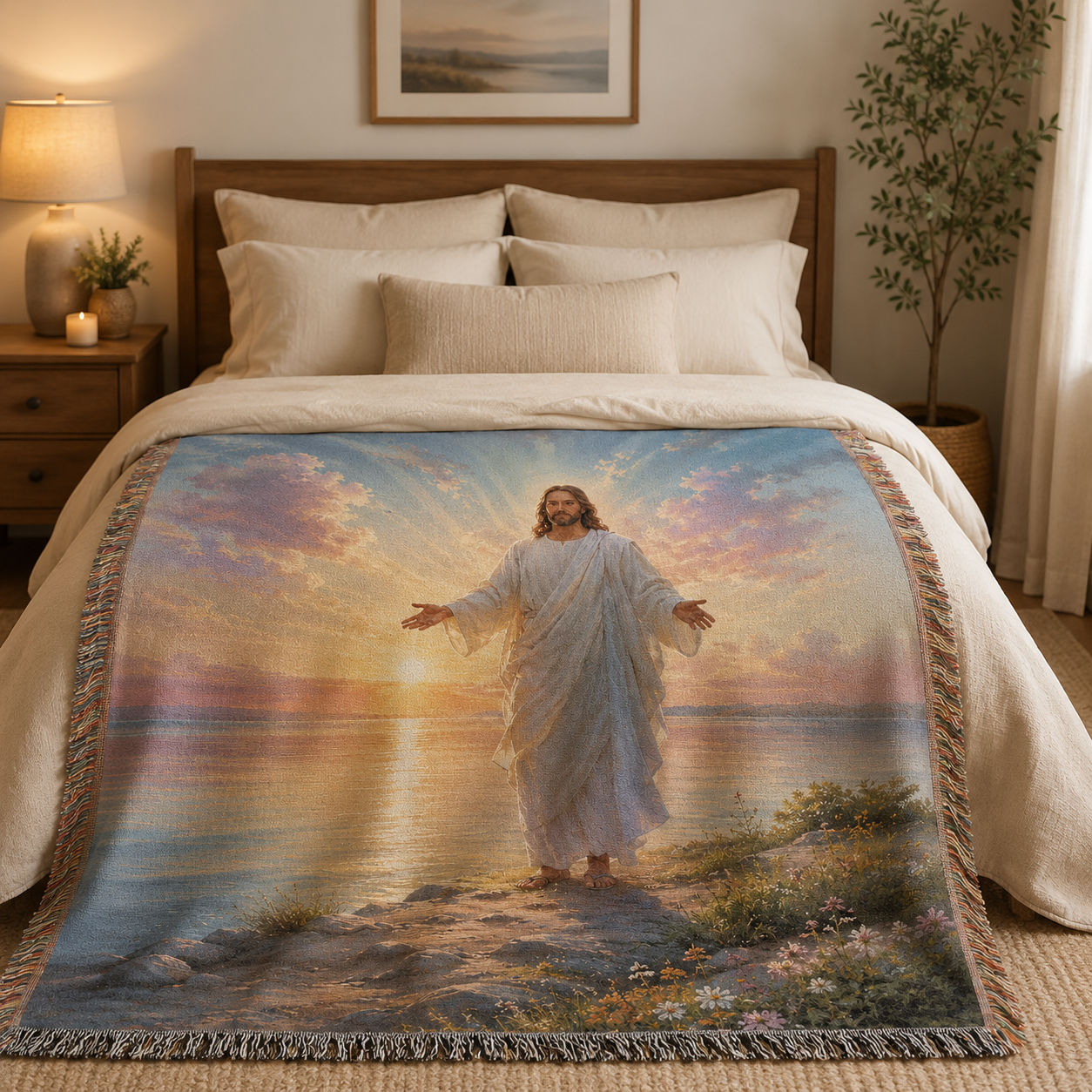 Jesus sunrise woven blanket styled across the foot of a serene bedroom