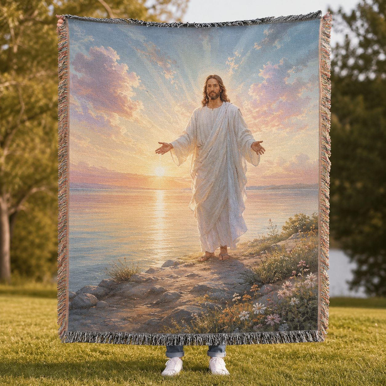 Jesus sunrise woven blanket with open arms, water reflection and fringed edges