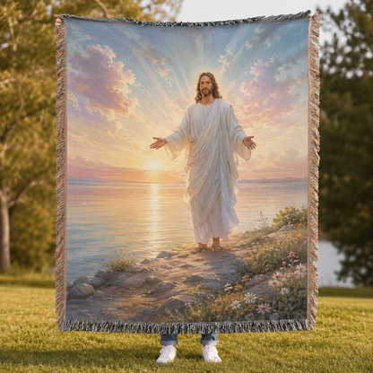 Jesus sunrise woven blanket with open arms, water reflection and fringed edges