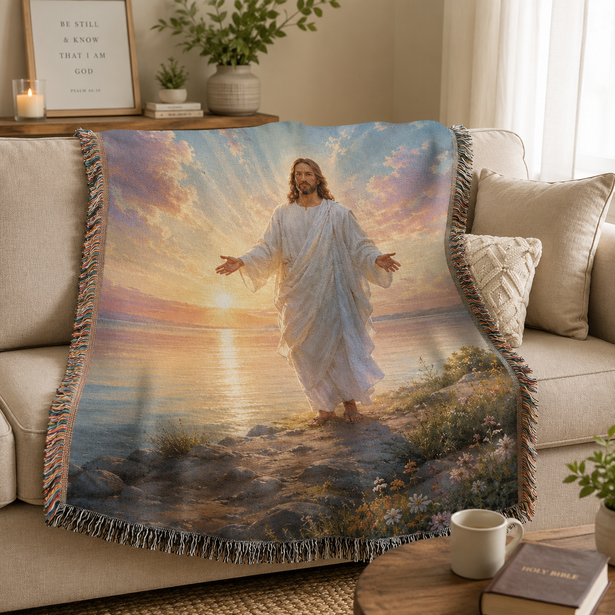 Jesus sunrise woven blanket draped softly over a neutral sofa