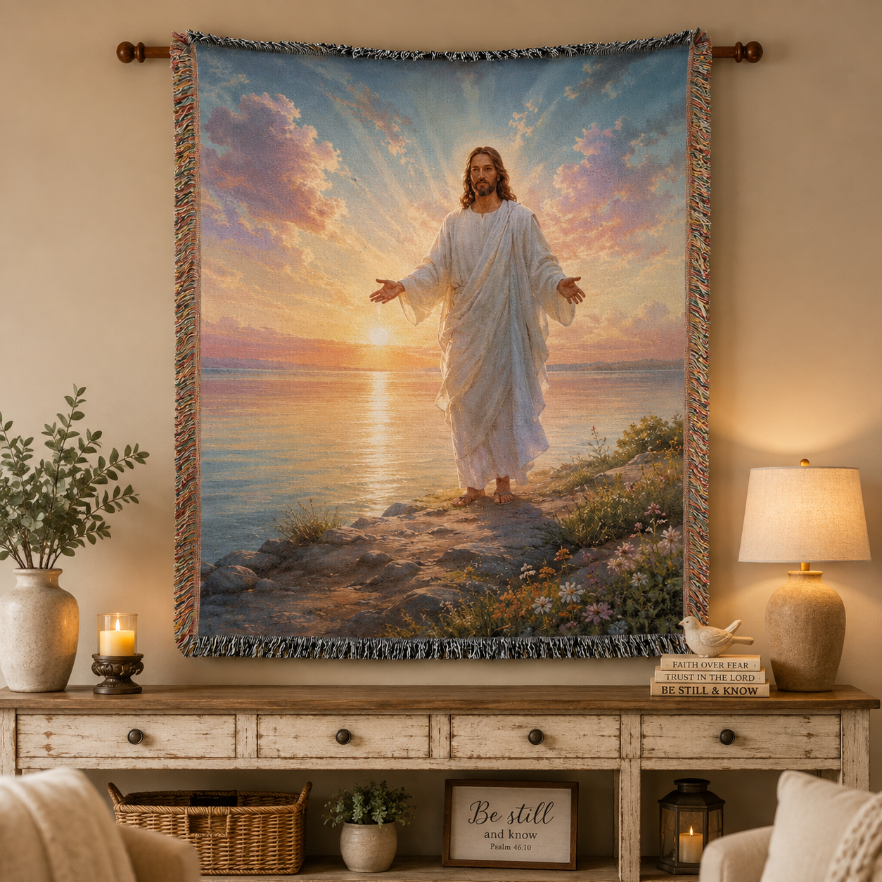 Jesus sunrise woven blanket displayed as Christian wall tapestry decor