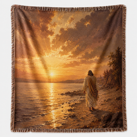 Jesus sunset woven blanket with golden shoreline Christian tapestry design