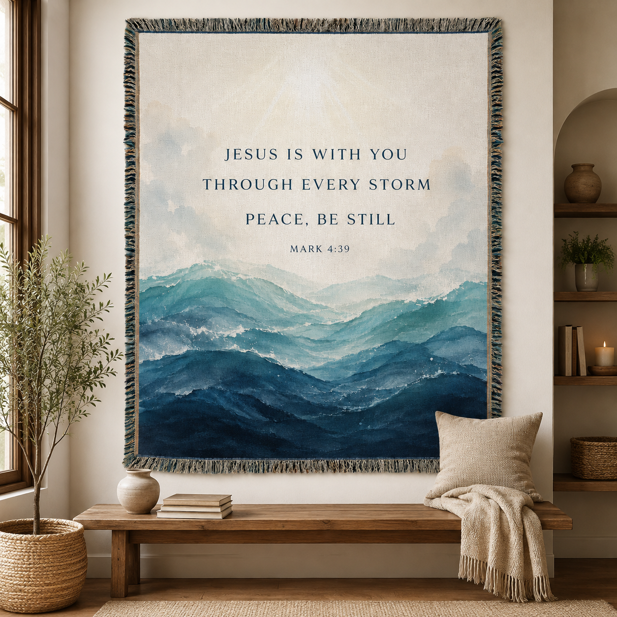 Mark 4:39 Christian woven blanket displayed as wall decor with blue ocean wave artwork