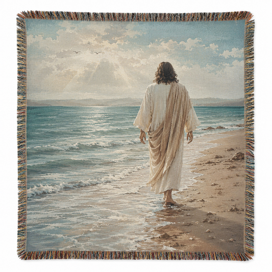 Jesus walking by the sea Christian woven blanket with coastal artwork