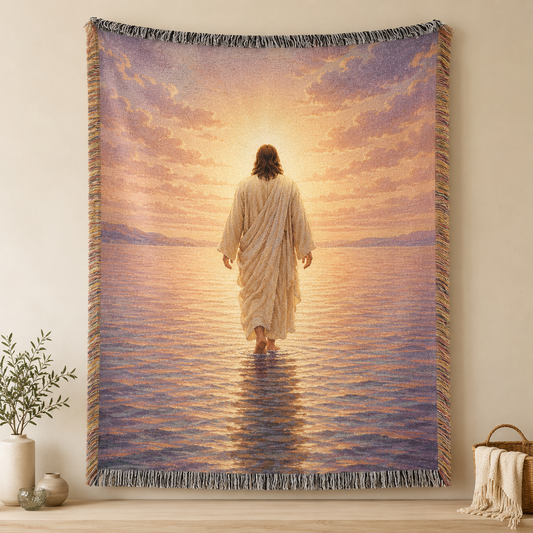 Jesus walking on water at sunrise woven blanket with multicolor fringe