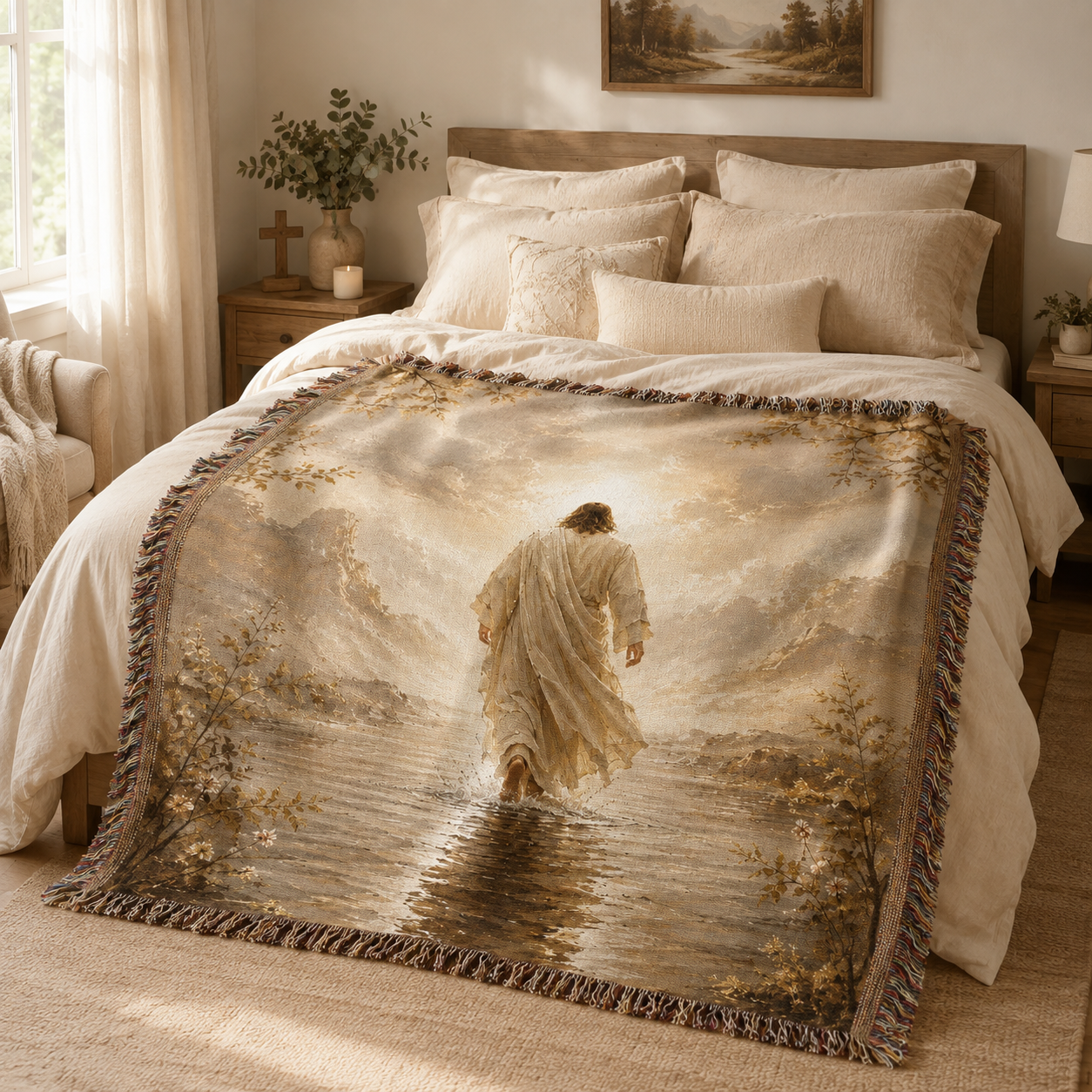 Jesus walking toward light woven blanket styled across a cozy neutral bed