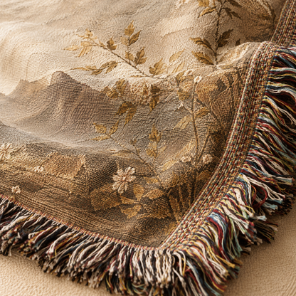 Macro close-up of woven yarn texture and multicolor fringe on Jesus Christian blanket