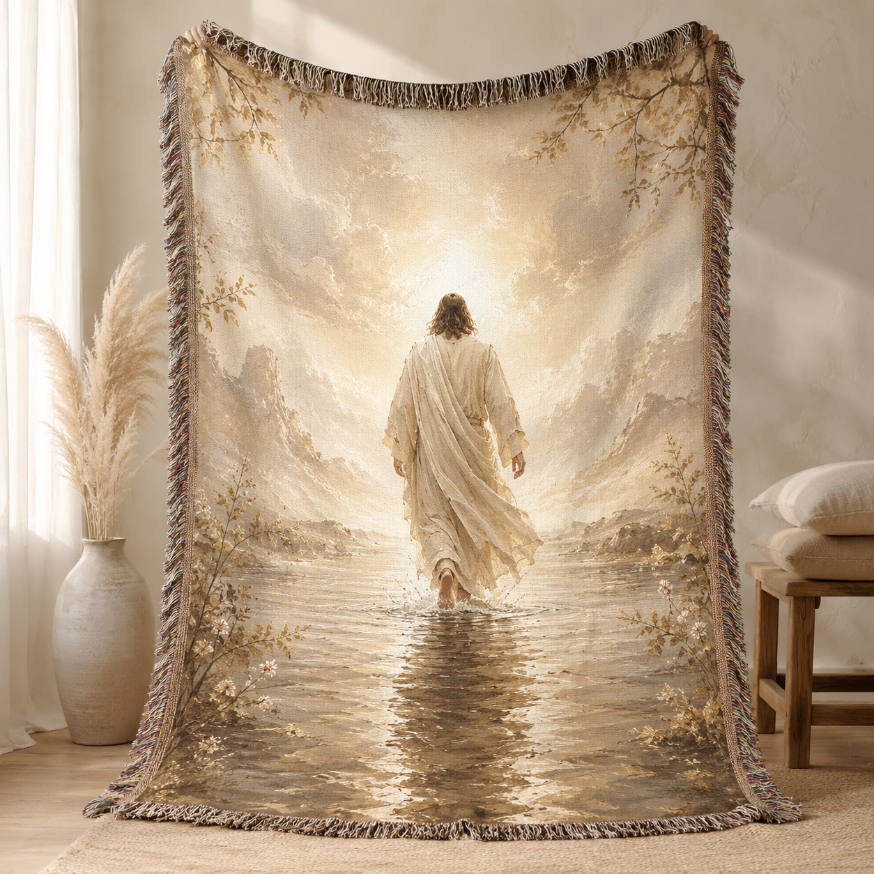 Jesus walking toward radiant light woven blanket with warm cream gold tones and multicolor fringe