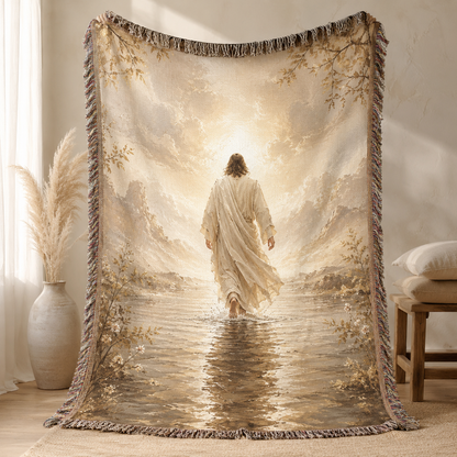 Jesus walking toward radiant light woven blanket with warm cream gold tones and multicolor fringe