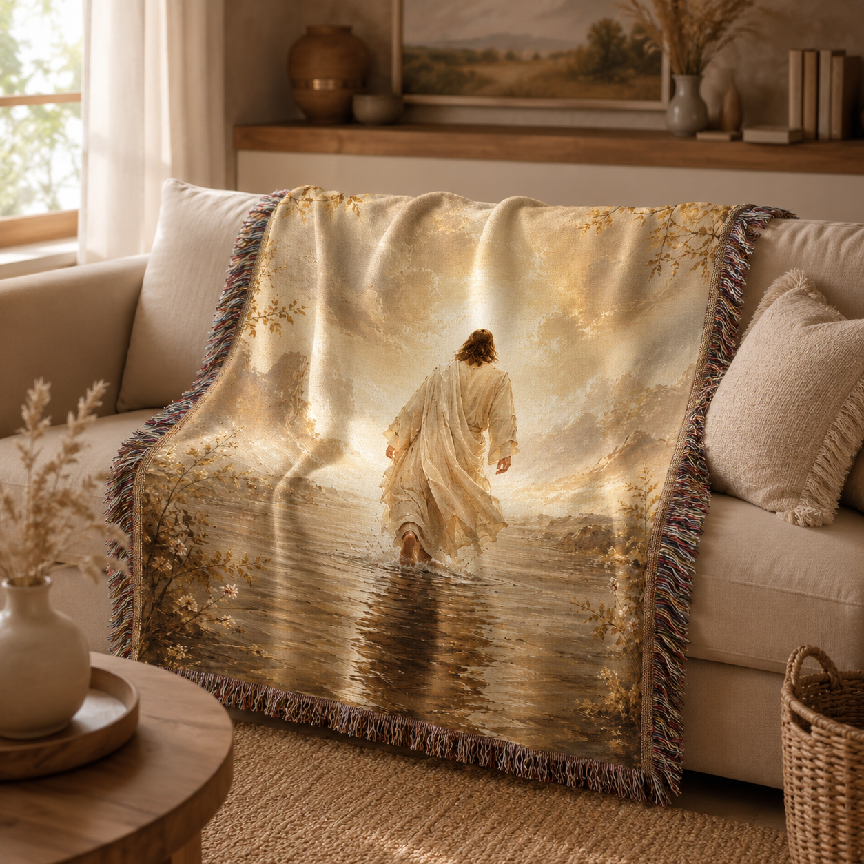 Jesus walking toward light woven blanket softly draped over a neutral sofa