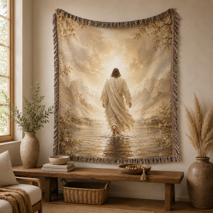 Jesus walking toward light woven blanket displayed as Christian wall decor