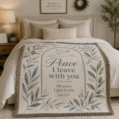 John 14:27 Peace I Leave With You botanical woven blanket styled in a serene bedroom
