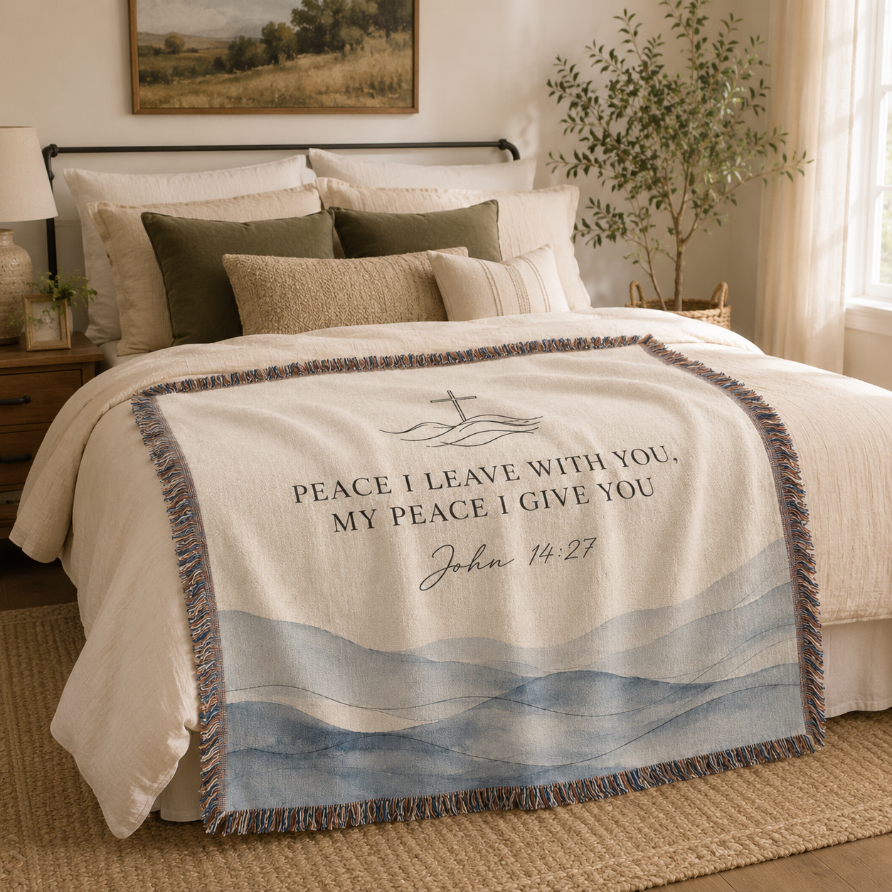 John 14:27 Peace I Give You woven blanket styled across a cozy bed