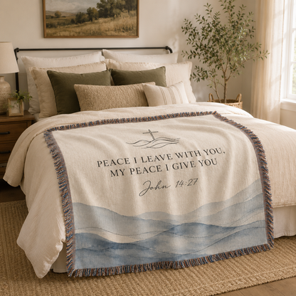 John 14:27 Peace I Give You woven blanket styled across a cozy bed