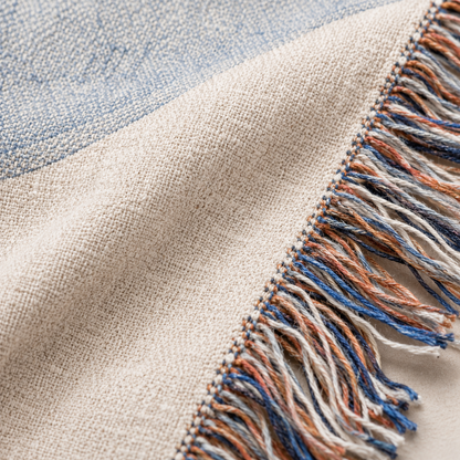 Macro close-up of woven yarn texture and multicolor fringe on John 14:27 blanket